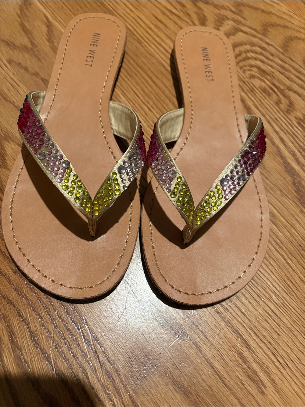 Nine West Gold Flip Flop Sandals with Pink and Yellow Crystal Straps